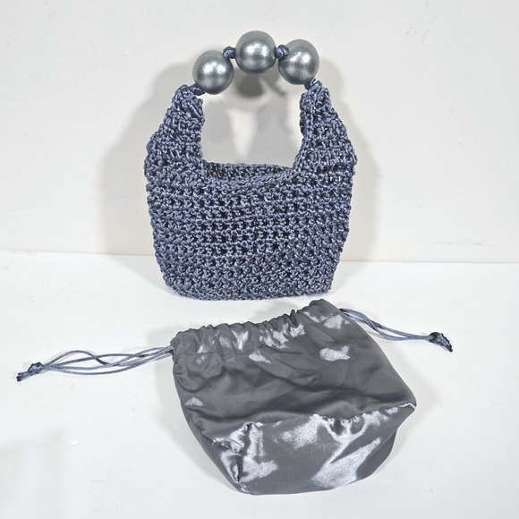 Arte & Tejido Handbags - Arte & Tejido Mini Tote Metallic Blue Crochet Bead Handle Handbag Boho Vacation